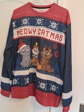 Meowy Catmas Graphic Crewneck Sweater - Red & Blue